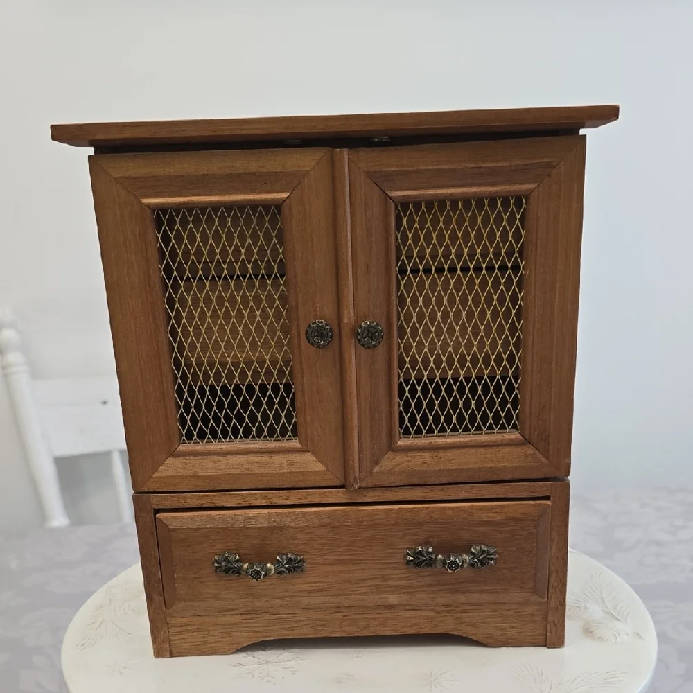 Vintage Mid Century Wood Music Jewelry Box 4 Drawers Mesh Wire Door Metal Pulls